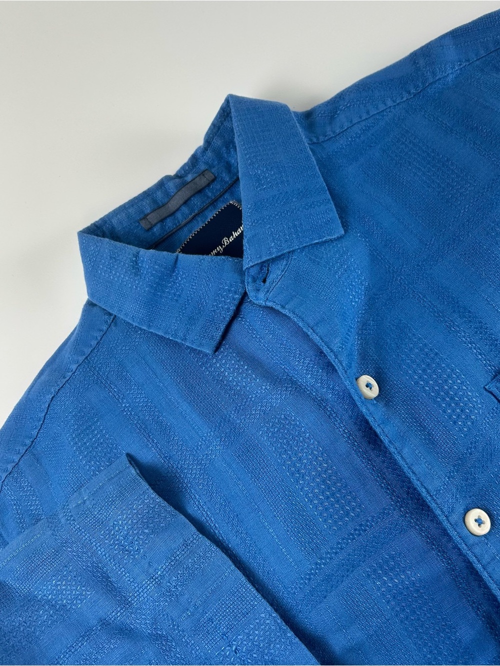 Tommy Bahama Mens SZ M Blue Textured 100% Linen Short Sleeve Button Shirt Boho